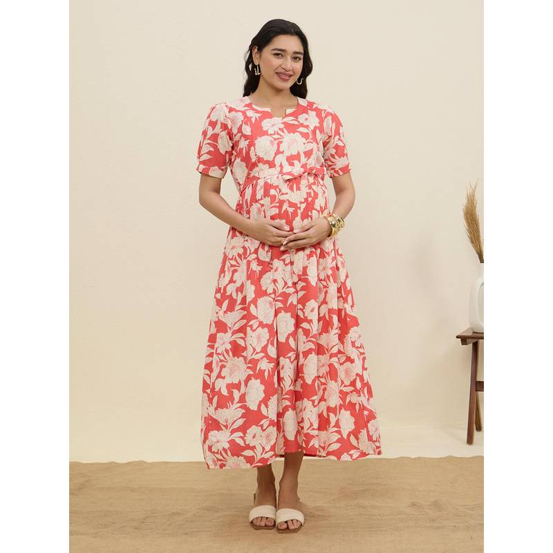 MomToBe Women's Cotton Creamy Peach Maternity Dress (M)