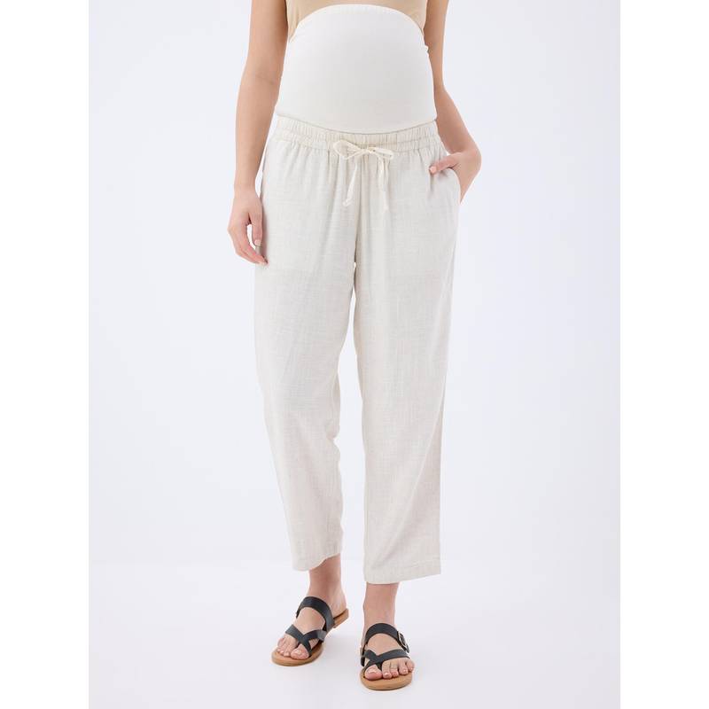 MomToBe Women Relaxed Low Rise Maternity Pleated Linen Pants (L)