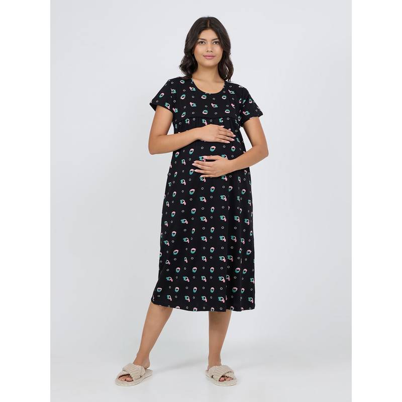 MomToBe Women Ink Black Printed Short knitted Feeding Nighty (L)