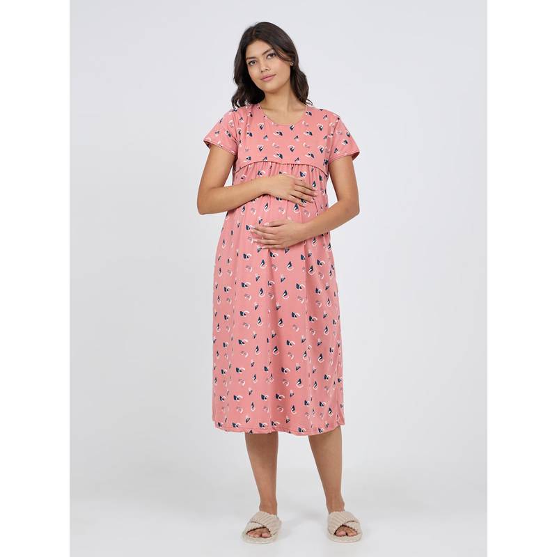 MomToBe Women Dusty Peach Printed Short knitted Feeding Nighty (2XL)