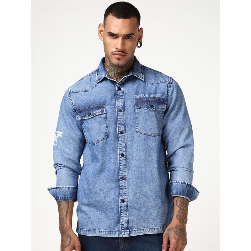 Bewakoof Marvel Mens Blue Captain America Graphic Printed Washed Denim Shirt (M)