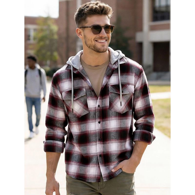 Bewakoof Mens Maroon And White Checked Oversized Hooded Casual Shirt (M)