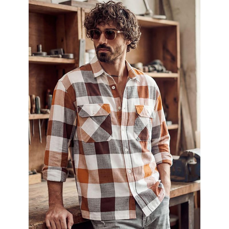 Bewakoof Mens White And Rust Orange Checked Oversized Casual Shirt (S)