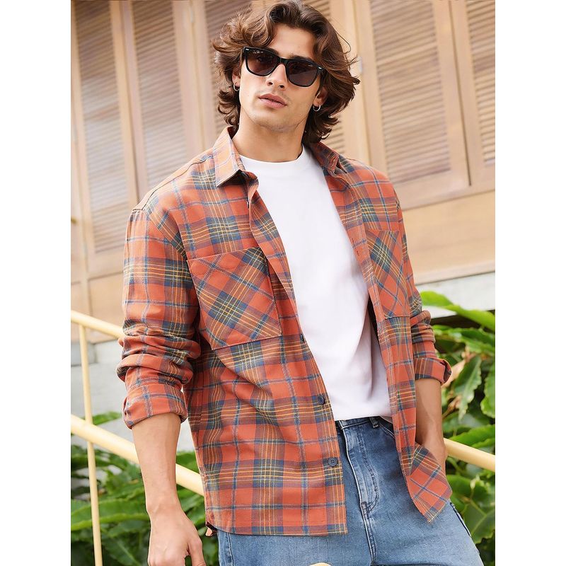 Bewakoof Mens Rust Orange Checked Oversized Casual Shirt (S)