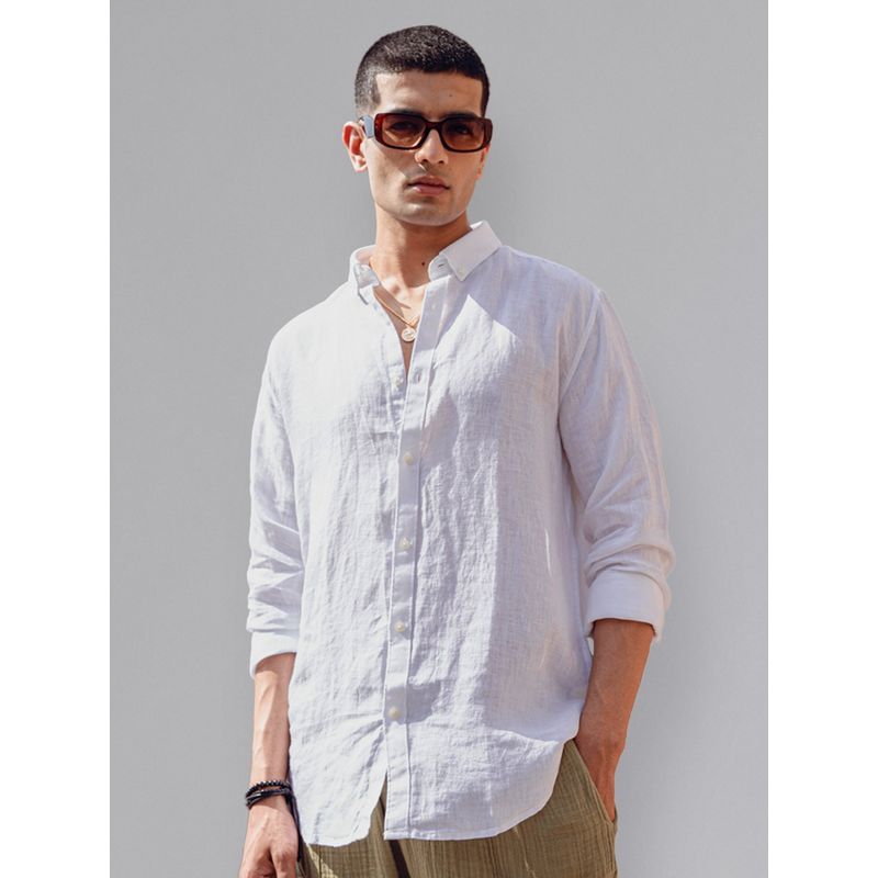 KINGDOM OF WHITE Button-Down Collar Regular Fit Pure Linen Shirt (39)
