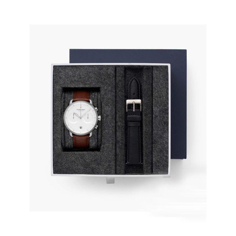 Nordgreen Pioneer Men Watch Bundle, Silver White DIal with Brown and