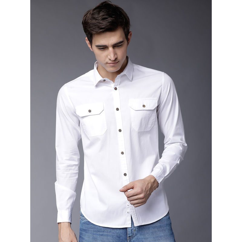 HIGHLANDER Men White Slim Fit Solid Casual Shirt (L)