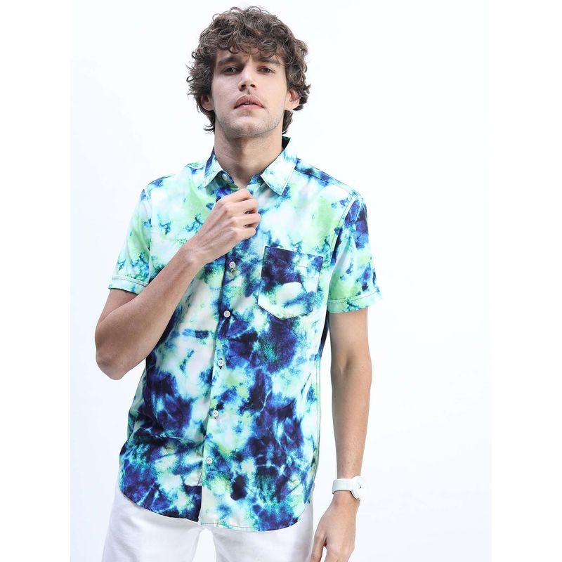 HIGHLANDER Men White and Blue Slim Fit Printed Shirts (S)