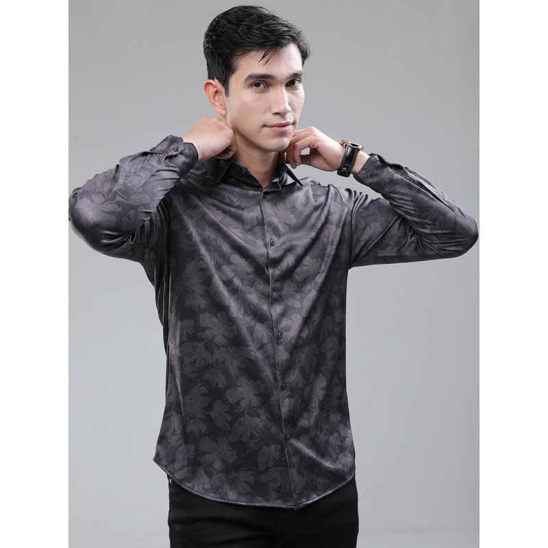 HIGHLANDER Men Party Black Slim Fit Floral Shirts (M)