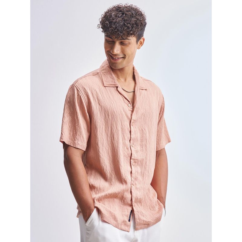 HIGHLANDER Men Coral Jacquard Seersucker Textured Cuban Collar Relaxed Shirt (L)