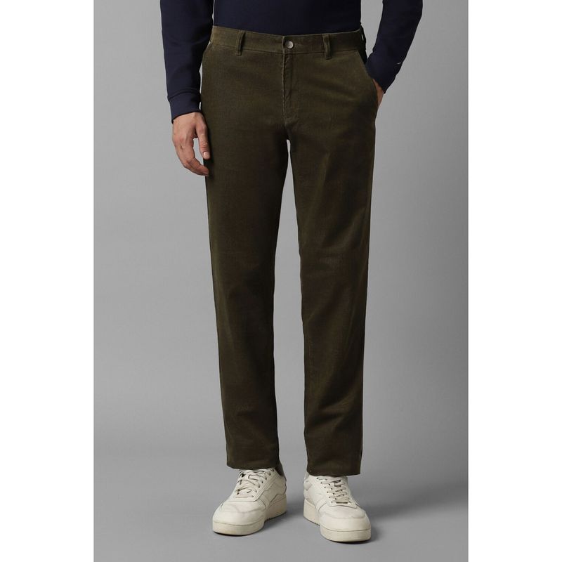 Louis Philippe Men Olive Slim Tapered Fit Textured Flat Front Casual Trousers (32)
