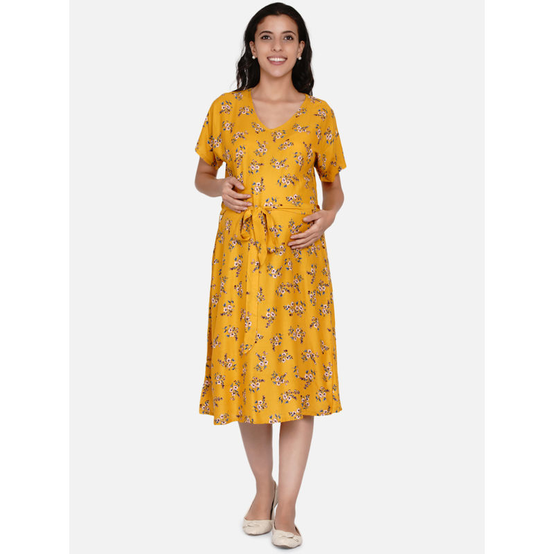 The Kaftan Company Mustard Floral Print Maternity Dress Mustard (S)