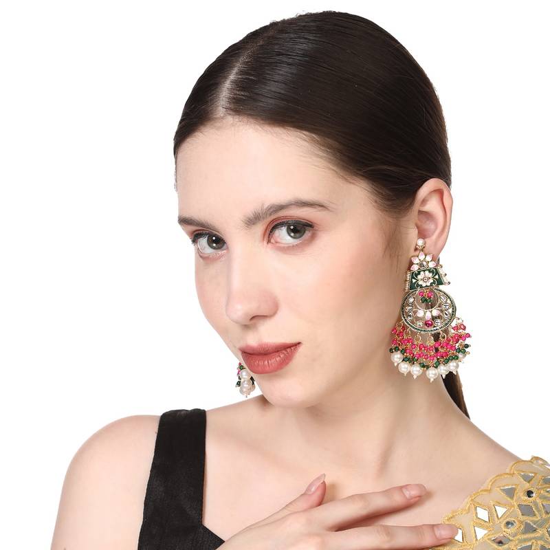 Buy Anika's Creations Red & Green Traditional Cluster Pearl and Stone Studded Chandbali Earrings Online