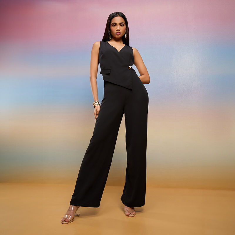 RSVP by Nykaa Fashion Black Solid Faux Vest Sleeveless Jumpsuit (XL)