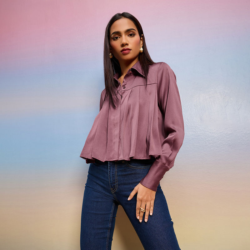 RSVP by Nykaa Fashion Mauve Solid Broad Cuffs Cropped Bubble Satin Shirt (XS)