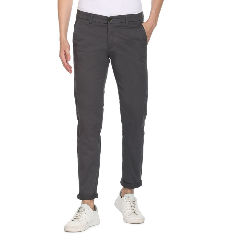 Arrow Sports Men Dark Grey Low Rise Solid Casual Trouser (34)
