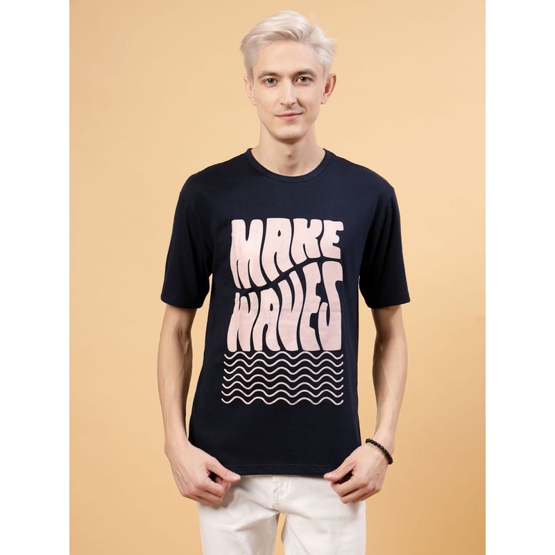 RIGO Men Navy Blue Jersey Typography Print T-Shirt (S)