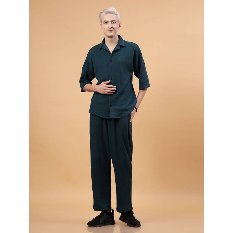 RIGO Men Teal Waffle Oversized Self Design Co-Ord (Set of 2) (S)