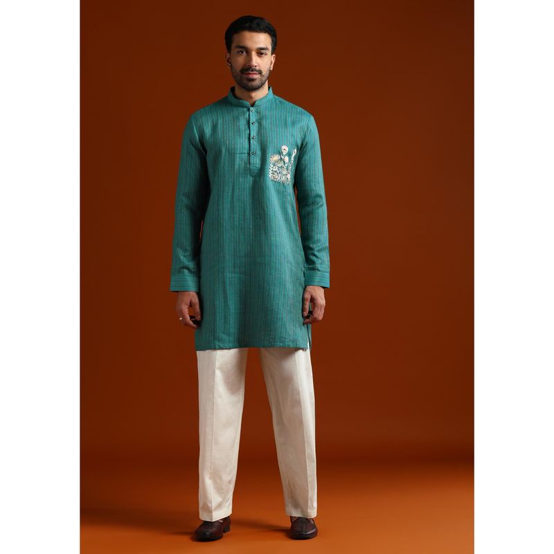 KALKI FASHION Teal Linen Blend Mandarin Neck Kurta with Pant (M)