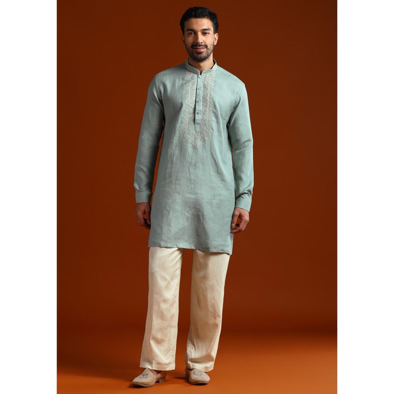 KALKI FASHION Green Linen Mandarin Neck Kurta with Pant (L)