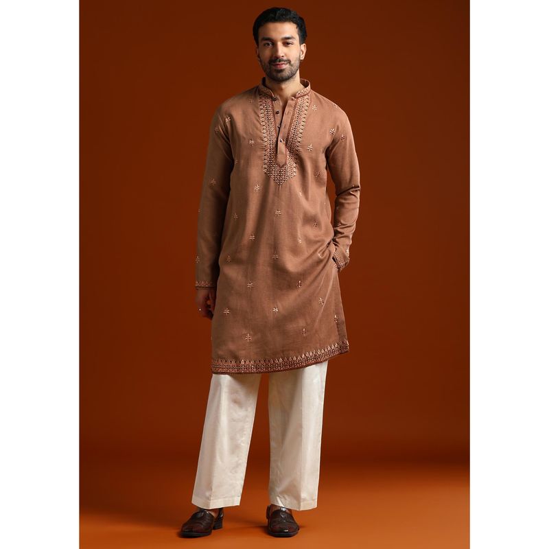 KALKI FASHION Brown Linen Blend Mandarin Neck Kurta with Pant (2XL)