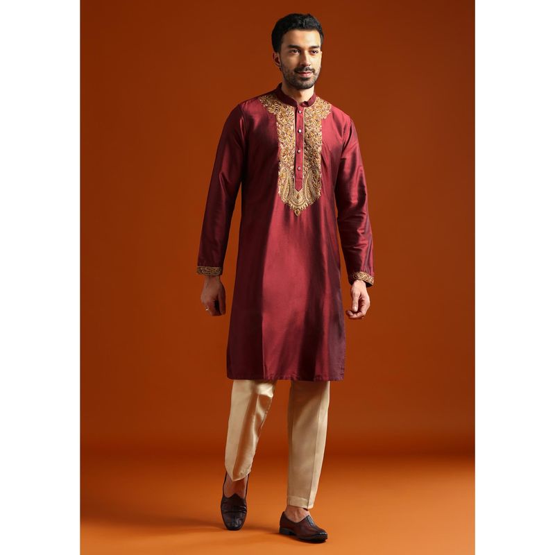 KALKI FASHION Maroon Banarasi Silk Mandarin Neck Kurta with Pant (XL)