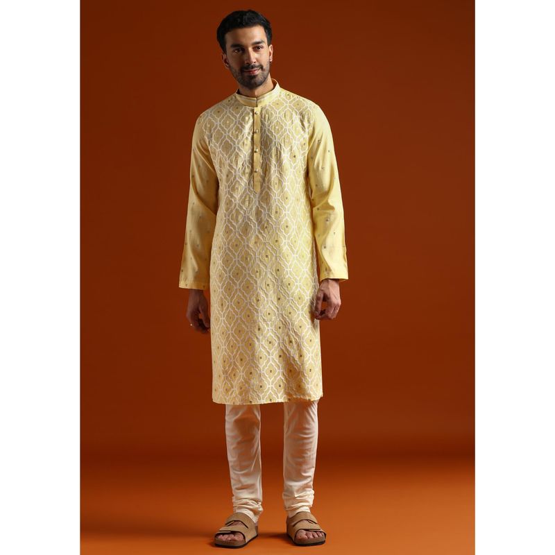 KALKI FASHION Yellow Viscose Mandarin Neck Kurta with Pyjama (L)