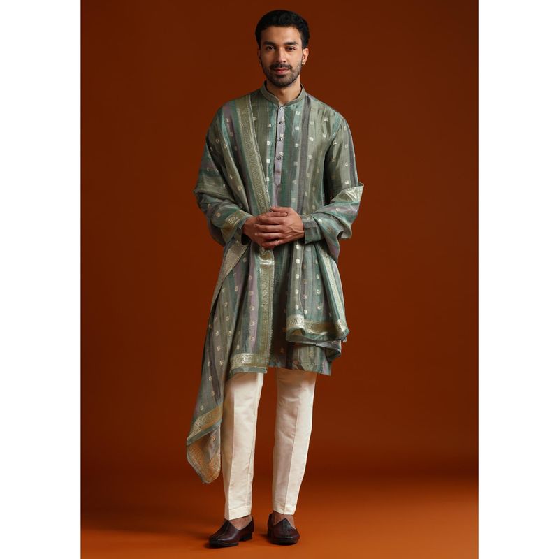 KALKI FASHION Blue Silk Mandarin Neck Kurta With Pant & Dupatta (L)