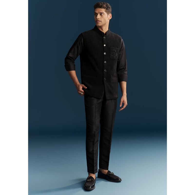 KALKI FASHION Black Fabric Mandarin Neck Shirt With Pant & Nehru Jacket (XL)