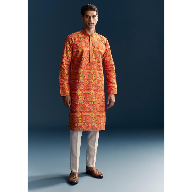 KALKI FASHION Orange Silk Mandarin Neck Kurta With Pant (2XL)