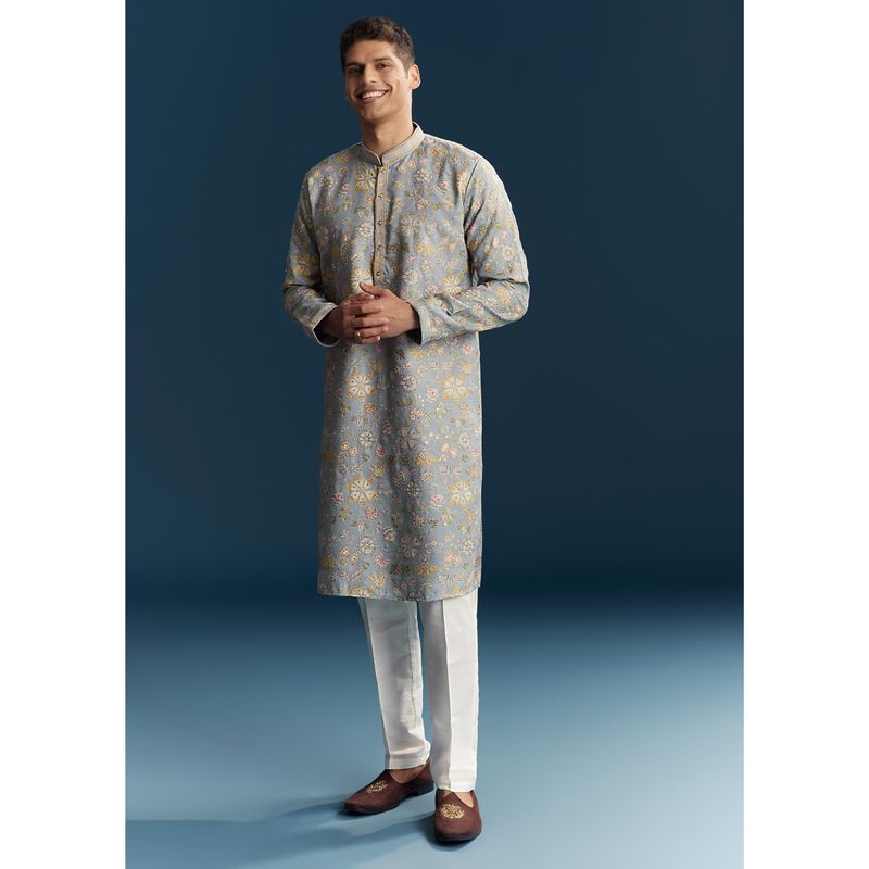 KALKI FASHION Blue Cotton Silk Mandarin Neck Kurta With Pant (M)