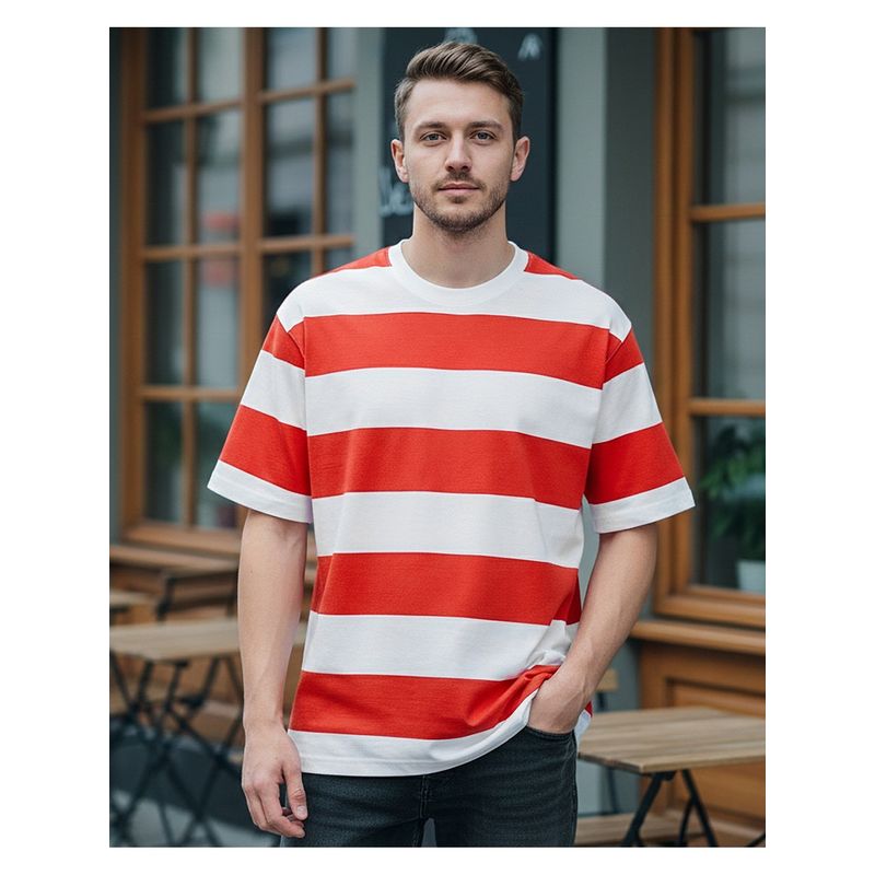 Bewakoof Men Red And White Striped Oversized T-Shirt (XL)