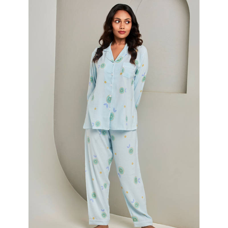 Addery Blue Printed Full-Sleeves Shirt with Pyjama (Set of 2) (L)