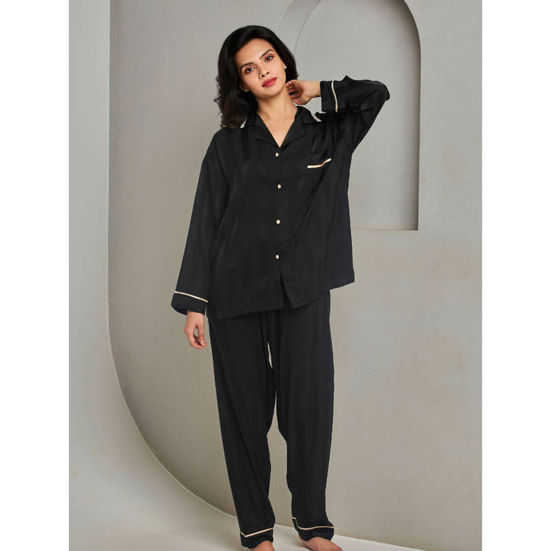 Addery Black Striped Shirt with Pyjama (Set of 2) (L)