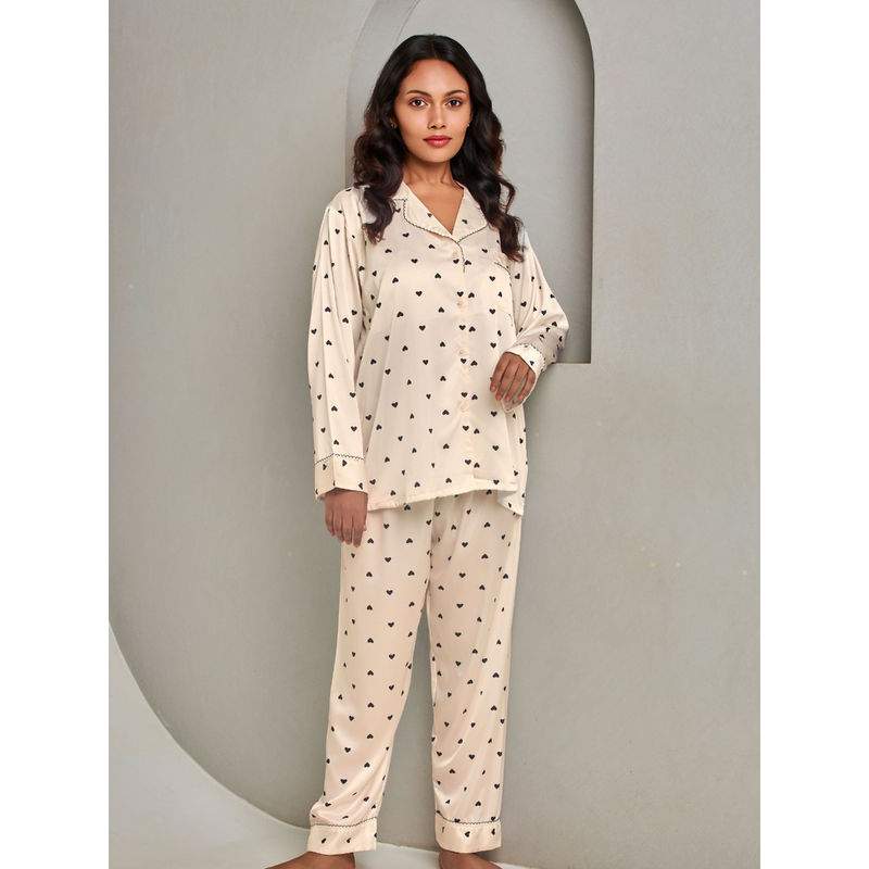 Addery Cream Soft Silk Printed Shirt with Pyjama (Set of 2) (S)