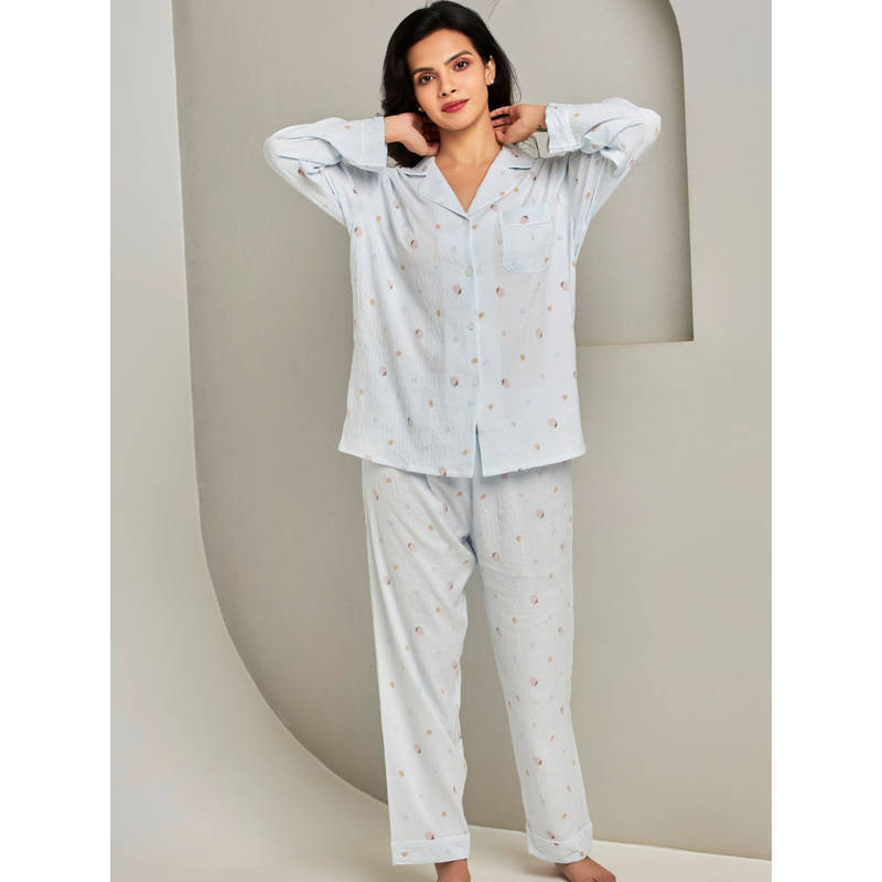 Addery Blue Printed Shirt with Pyjama (Set of 2) (L)