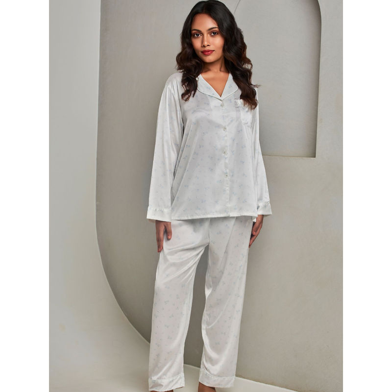 Addery White Floral Printed Shirt with Pyjama (Set of 2) (L)