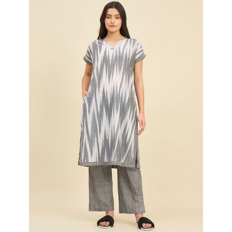 The Kaftan Company Grey Handloom Cotton Kurta with Pyjama (Set of 2) (S)