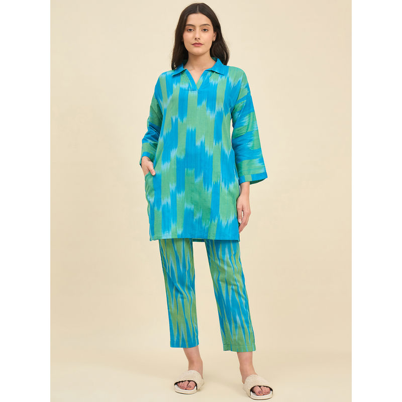 The Kaftan Company Blue & Green Printed Handloom Cotton Kurti with Pyjama (Set of 2) (M)