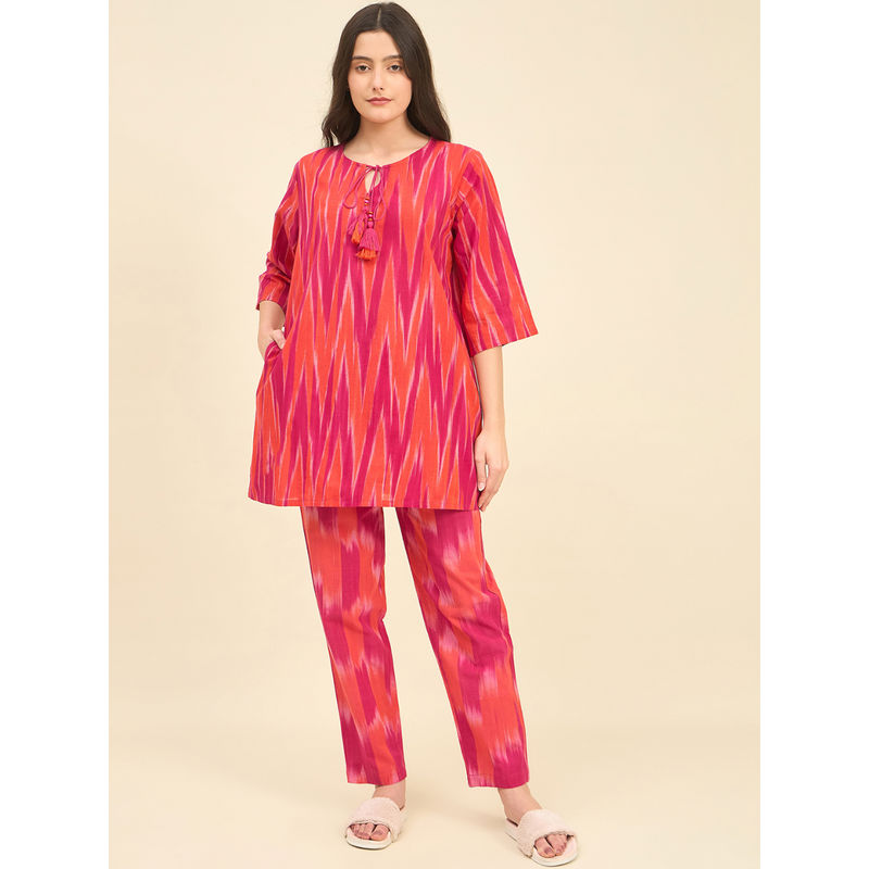 The Kaftan Company Pink & Orange Handloom Cotton Kurti with Pyjama (Set of 2) (XL)