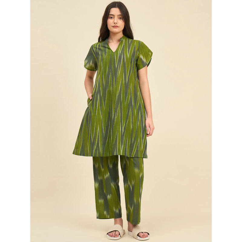 The Kaftan Company Green Handloom Cotton Kurta with Pyjama (Set of 2) (S)