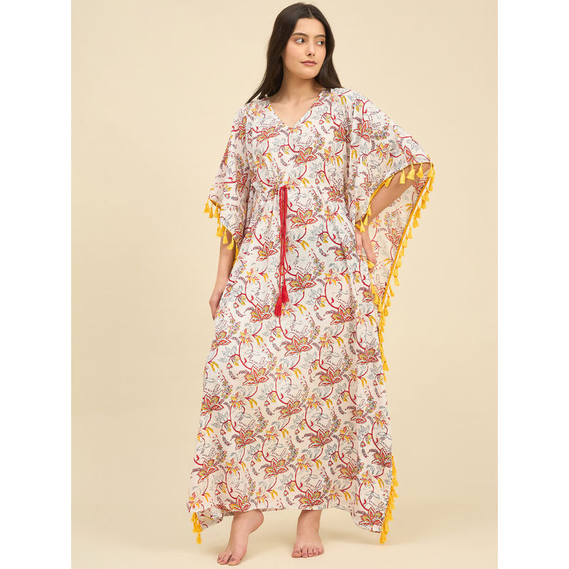 The Kaftan Company Off-White Floral Cotton Kaftan (2XL)