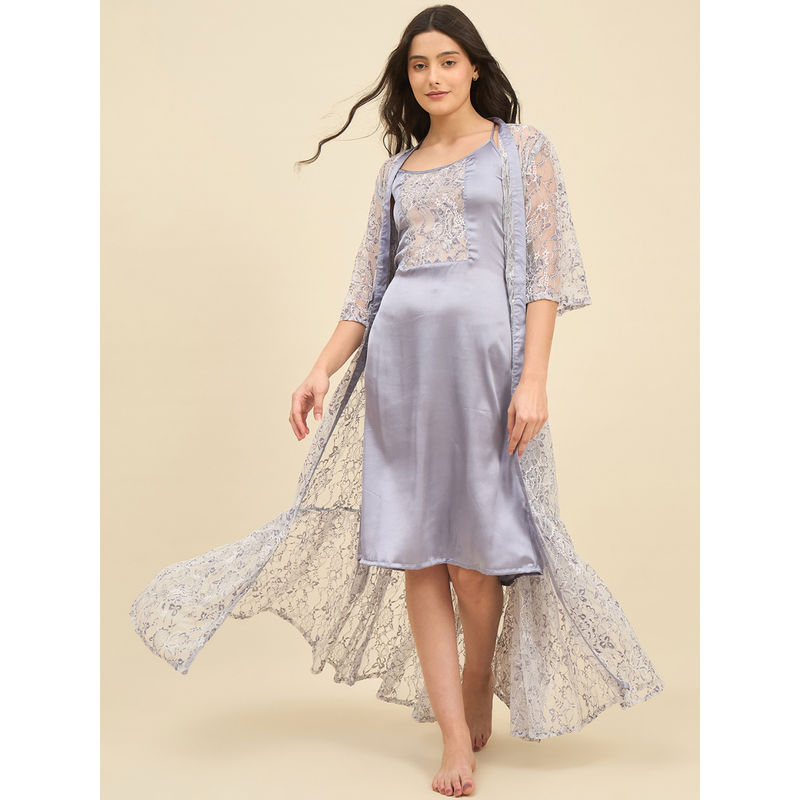 The Kaftan Company Lavender Lace Satin Nightdress with Cover-Up (Set of 2) (S)