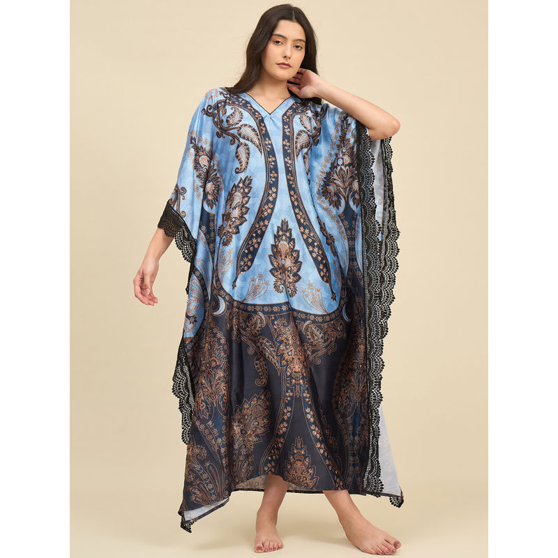 The Kaftan Company Blue Satin Printed Kaftan (S)