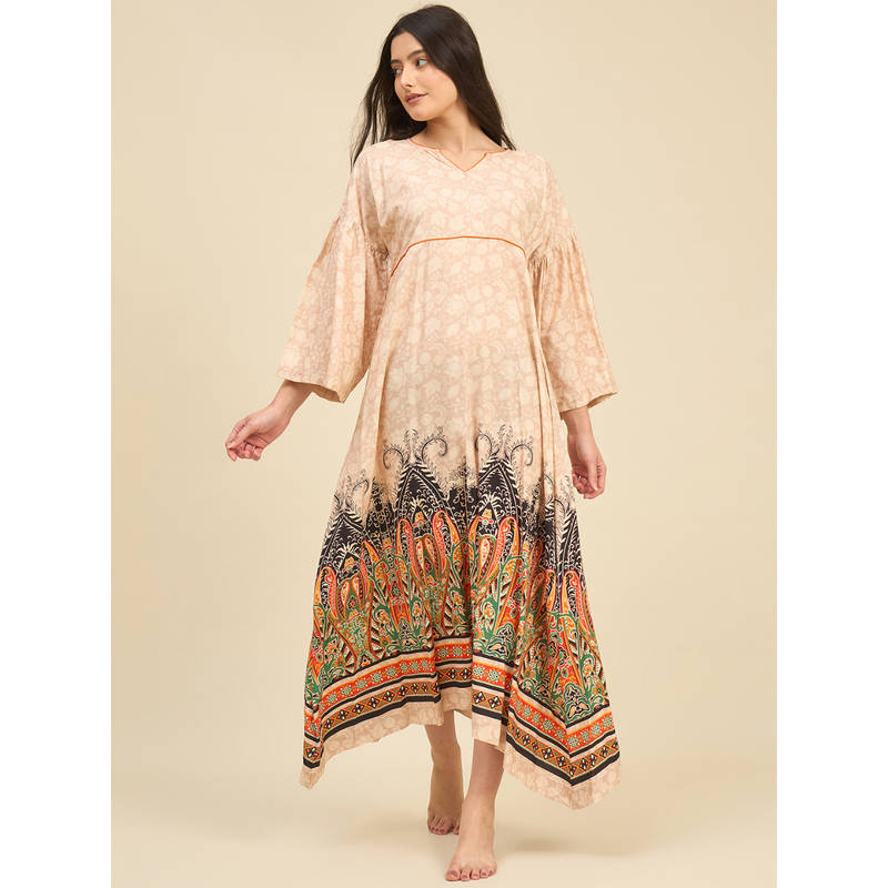 The Kaftan Company Beige Floral Printed Nightdress (S)