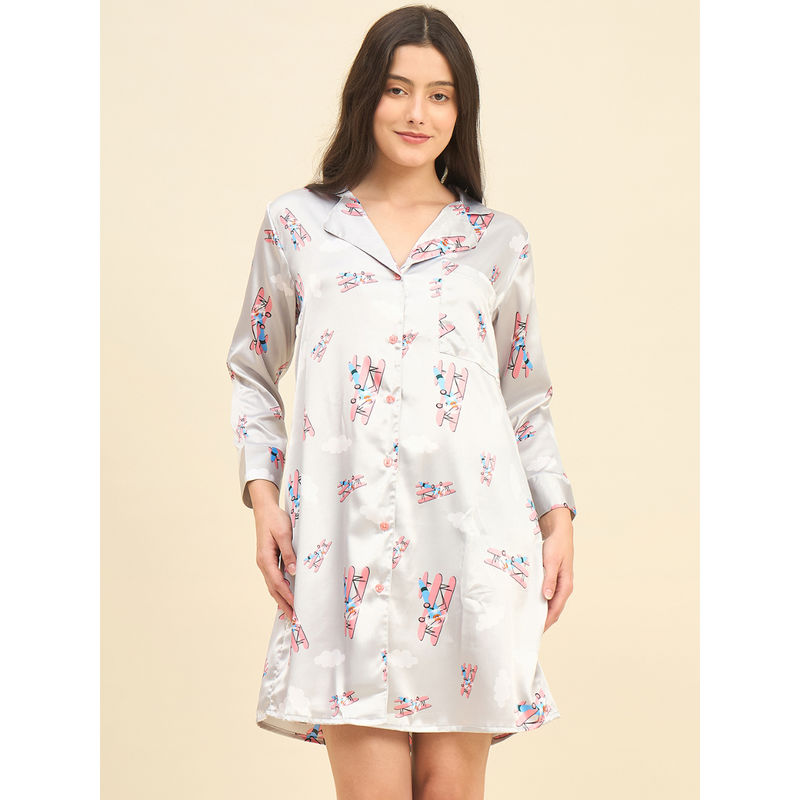 The Kaftan Company Off White Aeroplane Printed Button-Down Shirt Nightdress (S)