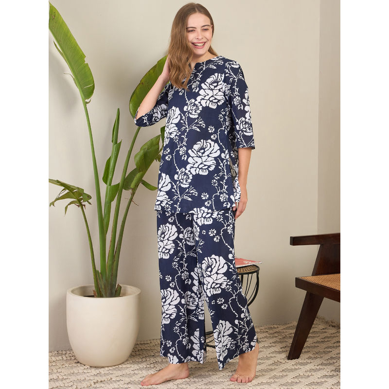 July Nightwear Navy Blue Cotton Floral Long Kurti with Pyjama (Set of 2) (M)