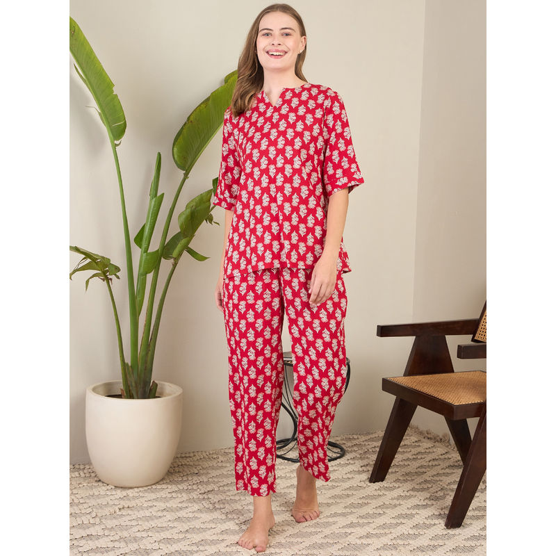July Nightwear Red Rayon Short Kurti with Pyjama (Set of 2) (S)