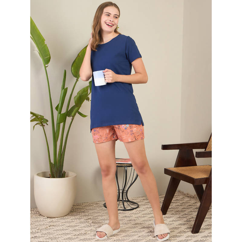 July Nightwear Blue Knitted Cotton T-Shirt with Shorts (Set of 2) (S)