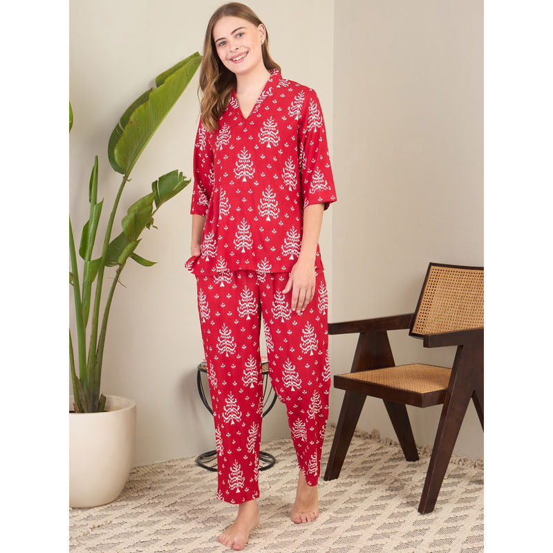 July Nightwear Red Rayon Short Kurti with Pyjama (Set of 2) (S)